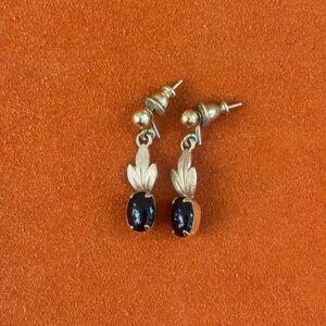 Vintage 12K Gold Filled Black Onyx Drop Earrings | Leaf Motif | 925 Accents